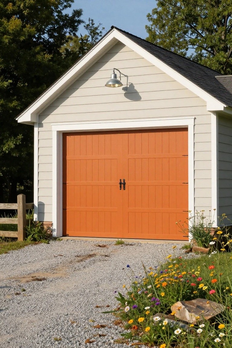 Detached garage featuring a bold warm orange door against light gray siding, with gravel driveway and nearby wildflowers