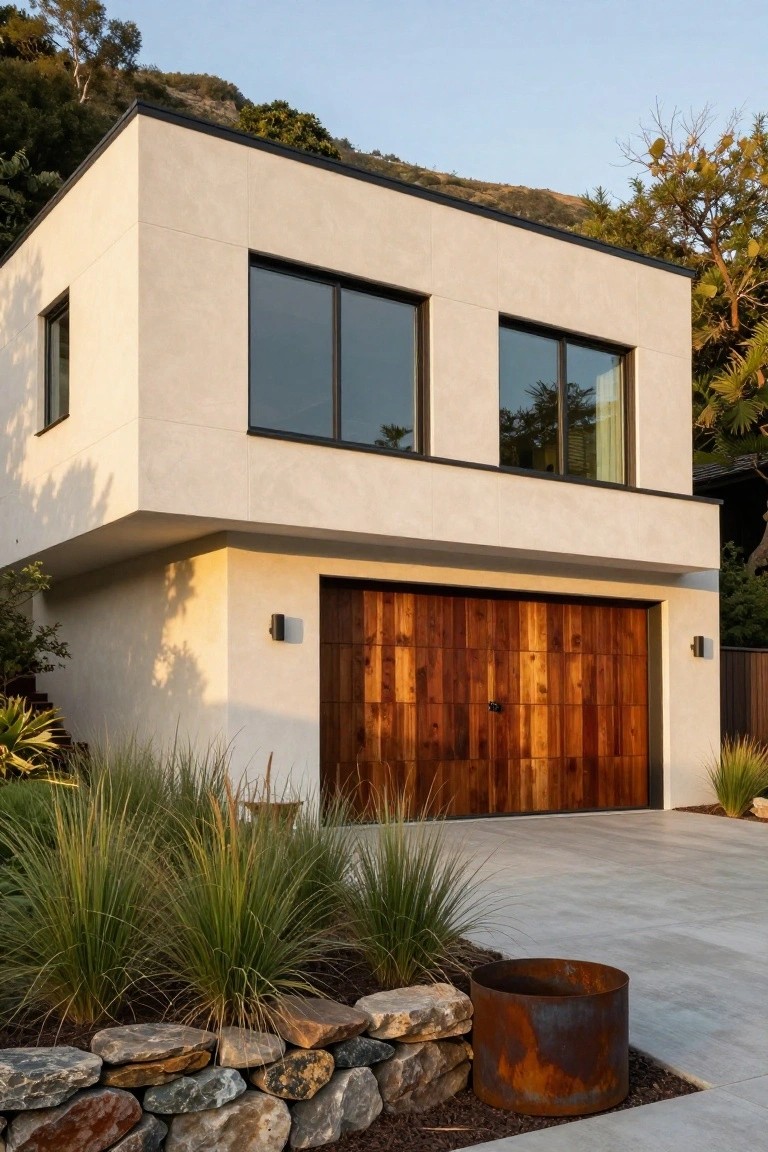 Modern garage with warm white stucco walls, reclaimed wood doors, stone garden bed, and potted plants