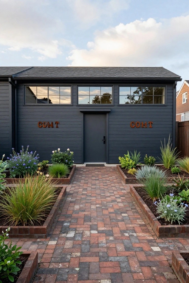 Modern dark gray house with brick path and colorful garden beds.