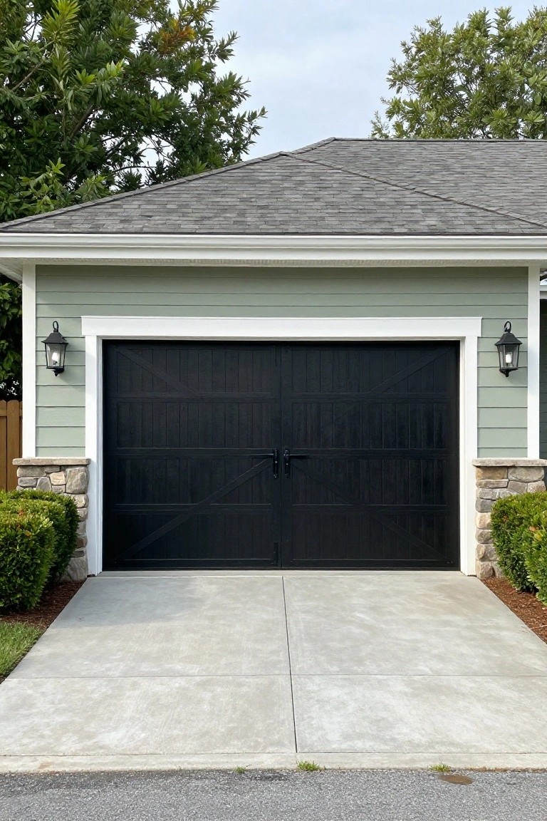 Sage green sided house with gabled roof, black double garage door framed in white, stone pillars, wall lanterns, bushes, and concrete driveway.