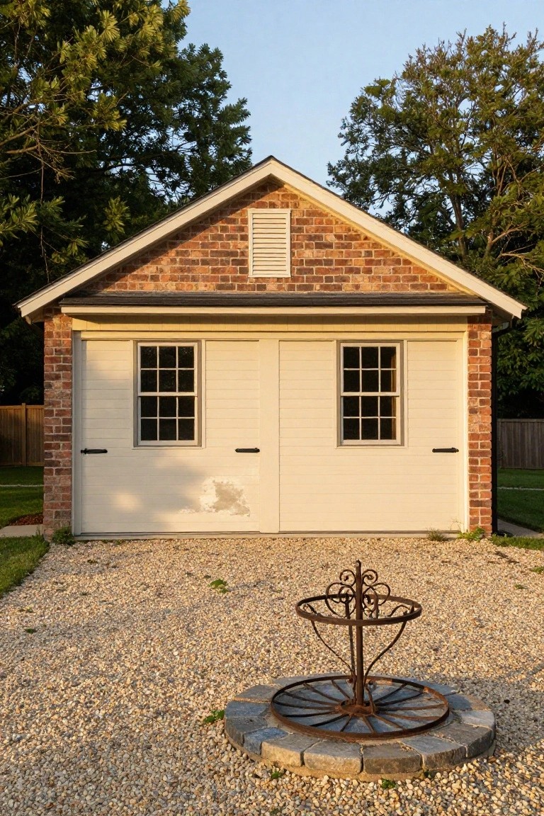 Detached gable-roof brick garage with double white paneled garage doors and two side windows on a gravel driveway, featuring a central wrought iron stand inside a stone circle, trees in background.