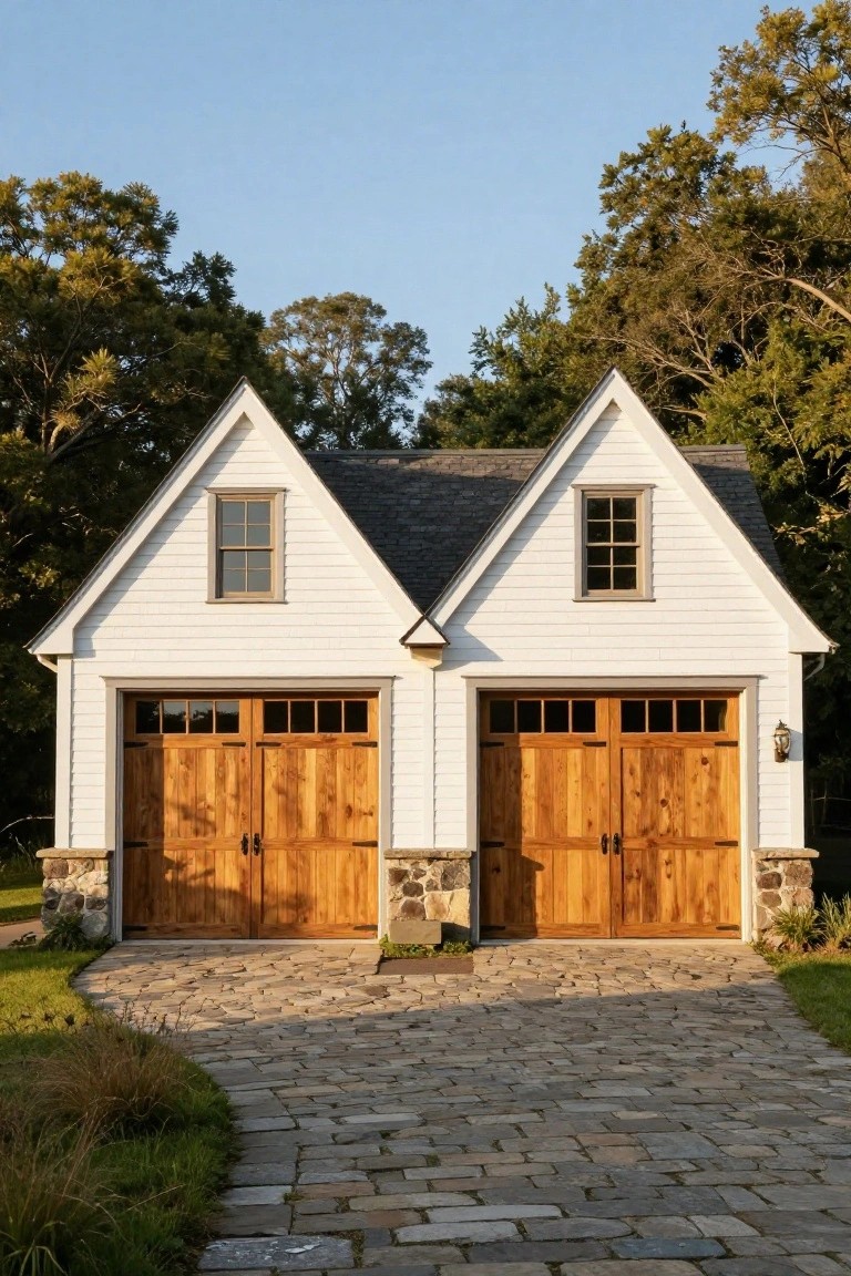 White detached two-car garage with wooden panel doors, gabled roofs, small side windows, stone bases, wall lanterns, paver driveway, grass, and trees.