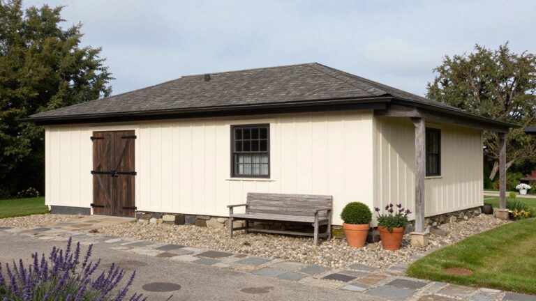 22 Cozy Farmhouse Garage Exterior Ideas For A Warm Rustic Vibe Beige board-and-batten garage with double wooden doors and attached covered porch area holding a wooden bench flanked by potted flowers, gravel driveway, and stone pathway beside a house.