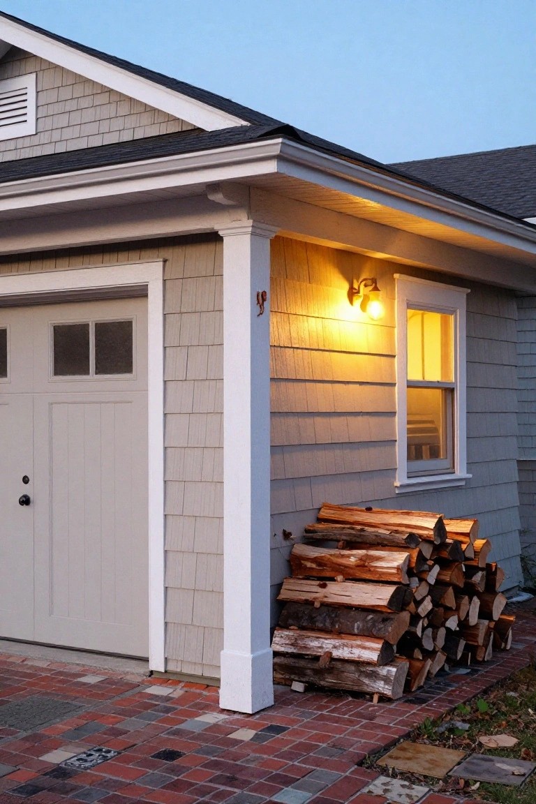 House exterior with stacked firewood pile beside lit window and garage door.