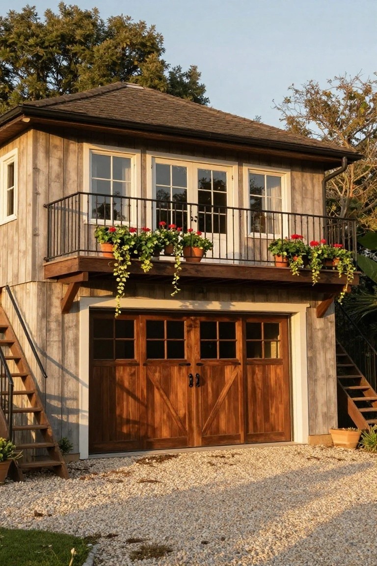 Two-story rustic wooden garage with a balcony above wooden double doors, featuring French doors, red geranium planters, hanging plants, external stairs, and a gravel driveway.
