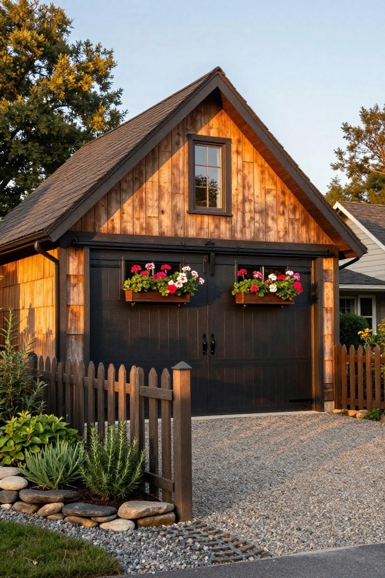 Wooden garage with flower boxes, gravel driveway, and picket fence.