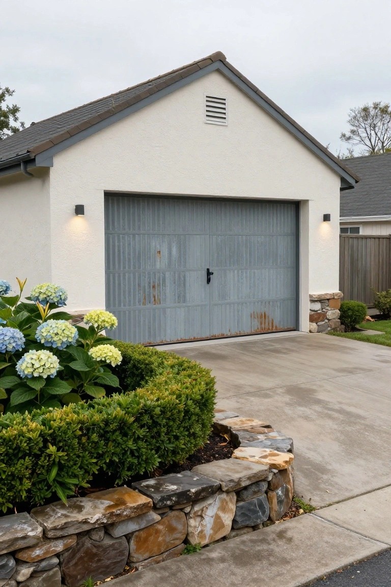 White stucco detached garage with gray roll-up door, stone retaining wall edged with hydrangeas and boxwood shrubs along concrete driveway.