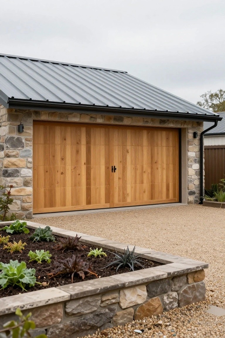 Detached two-car garage with light and dark fieldstone side walls, tall vertical-plank wooden double doors with black handles, gray metal standing-seam roof, gravel driveway, and adjacent raised stone planter with succulents.