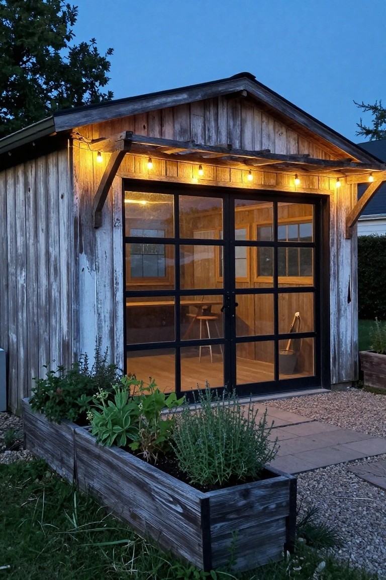 Weathered wooden gabled garage with large glass double doors, illuminated by hanging bulb string lights along the front eaves, and a raised wooden planter box with herbs on a gravel path at dusk.