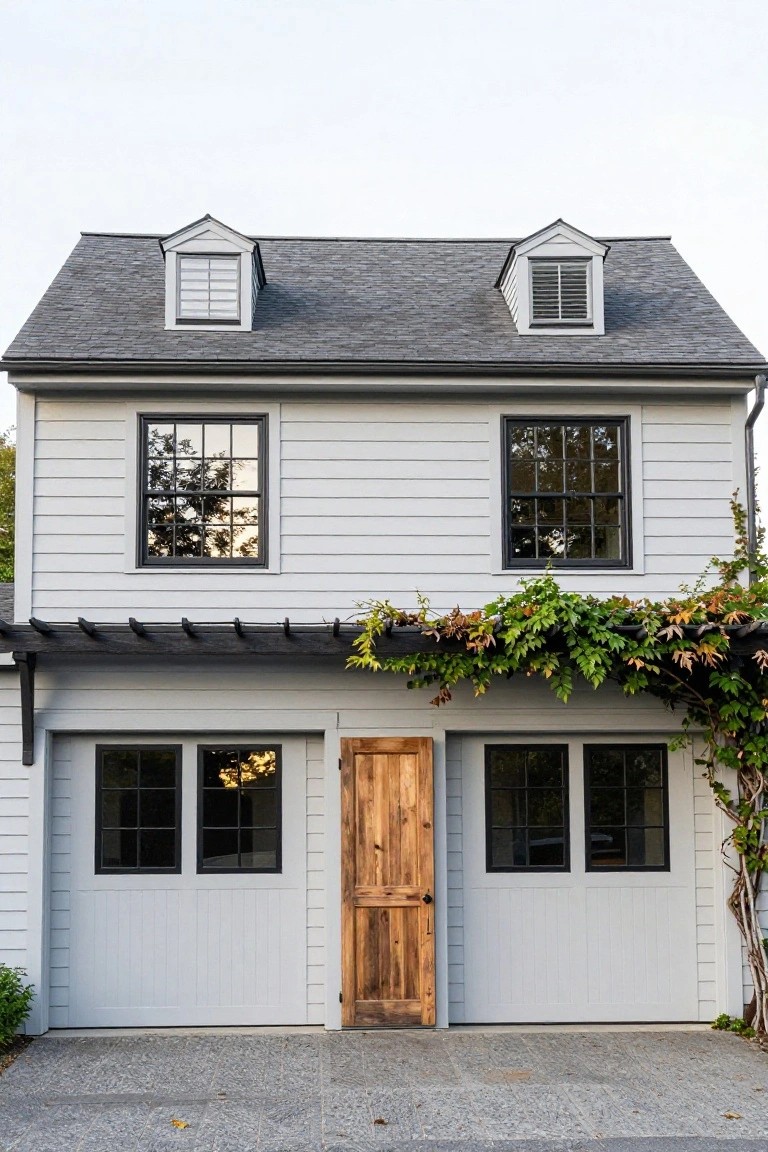 White clapboard two-story house with gabled roof and black-framed windows above a two-car garage featuring gray doors, a central wooden pedestrian door, and a vine-covered pergola structure over a gravel driveway.