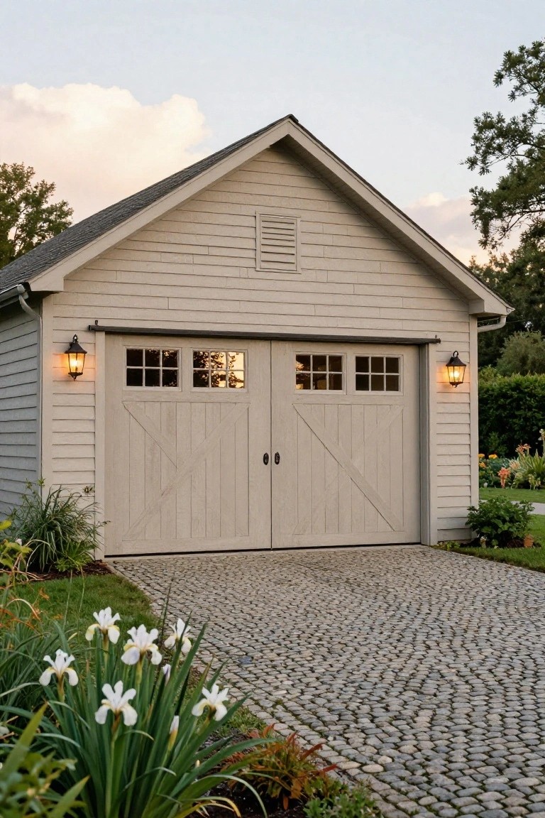 Detached two-car garage with light gray vertical siding, double garage doors with window panels, black wall-mounted lanterns on sides of doors, leading to a light-colored cobblestone driveway edged by plants and flowers.