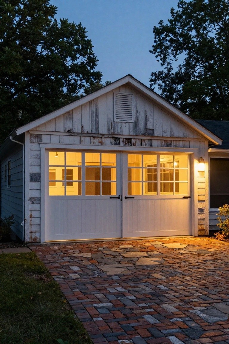 Illuminated white wooden garage doors on brick driveway at dusk.