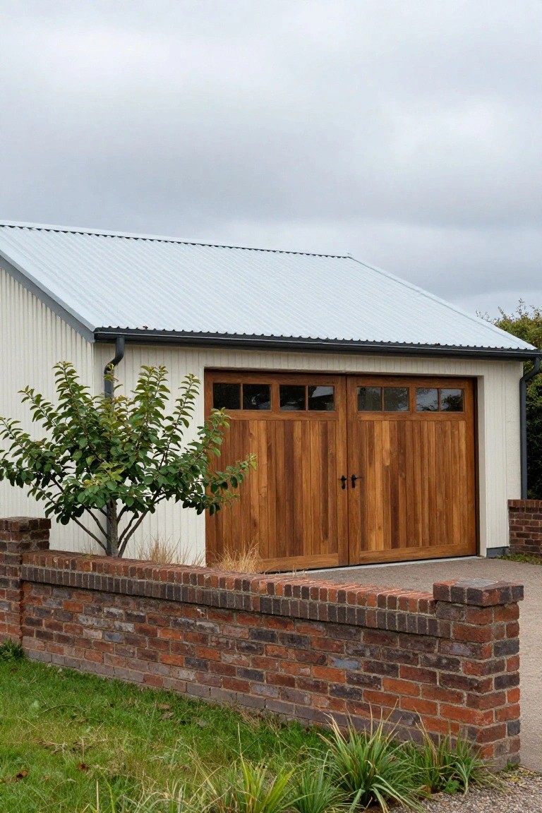 White board-and-batten garage with double wooden panel doors, silver corrugated metal shed roof, low brick wall, small tree with red leaves, grass, and gravel driveway.
