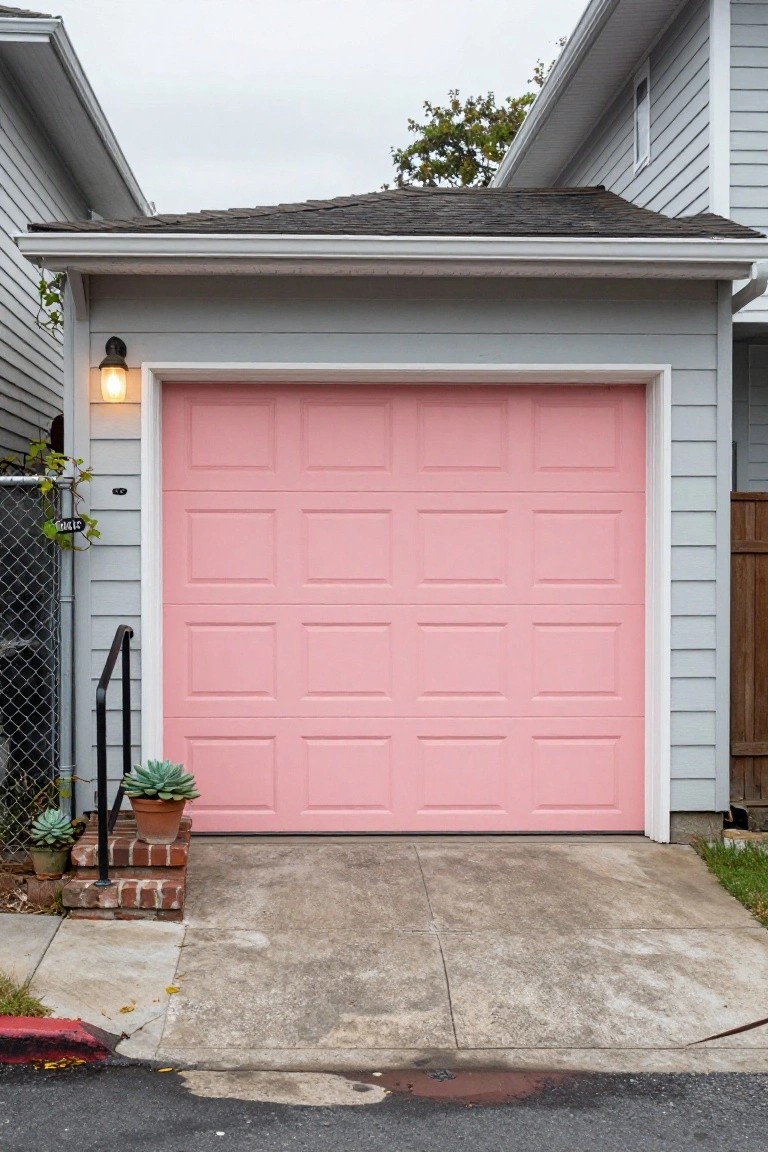 Soft blush pink garage door on a light gray house with wall lantern and potted succulent