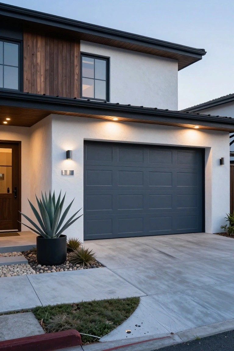 Modern home garage painted dark gray door against white stucco walls with wood accents and agave plant