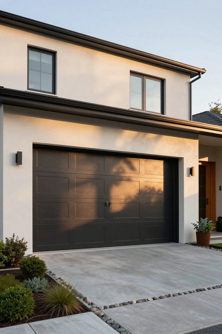Modern two-car garage door in deep charcoal gray on a white stucco house with black trim and potted plants along the driveway