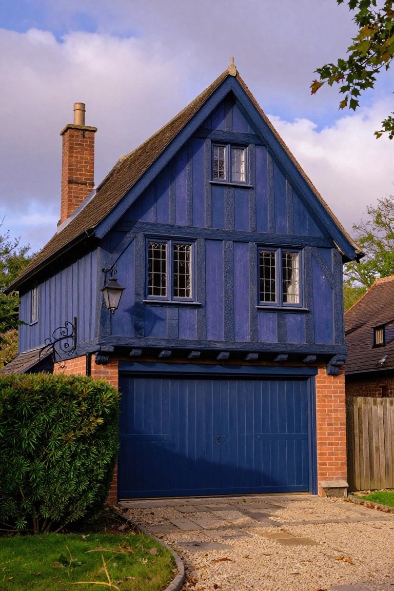 Deep navy blue painted timber house with matching garage door, brick chimney, and hedges