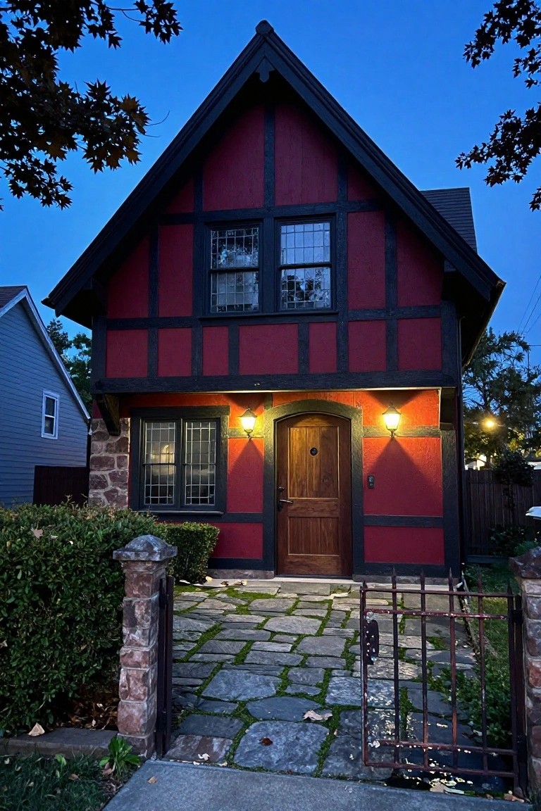 Tudor-style house with deep red siding, black timber framing, arched wood door, and lanterns lit at dusk