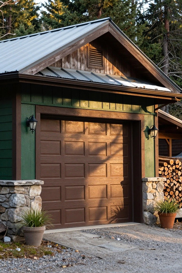 Rustic detached garage with earthy green siding, brown paneled door, stone pillars, and firewood stack in a wooded setting