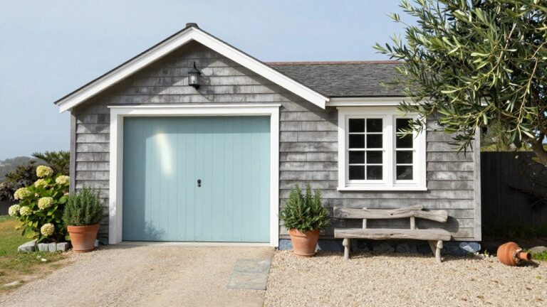 Shingled garage featuring soft turquoise double doors, white trim, and potted greenery on a gravel path