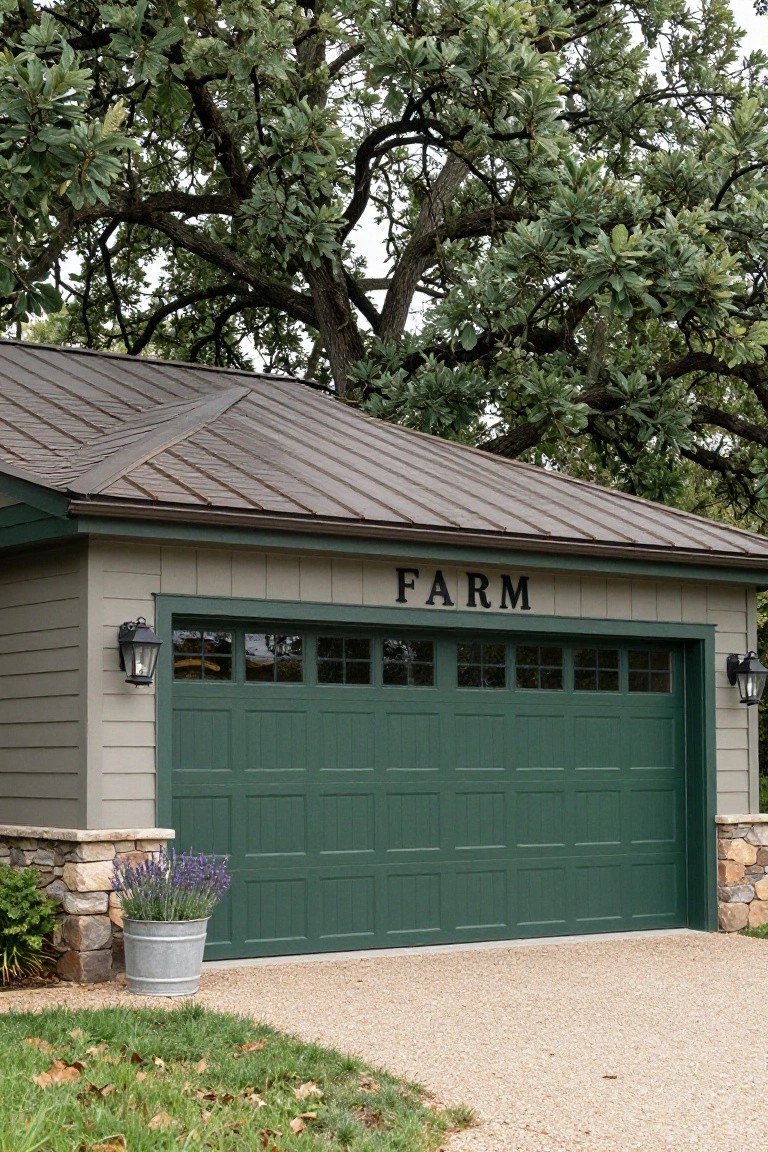 Gray-sided garage with large muted green overhead door labeled FARM, stone pillar bases, wall lanterns, potted lavender, and oak trees nearby