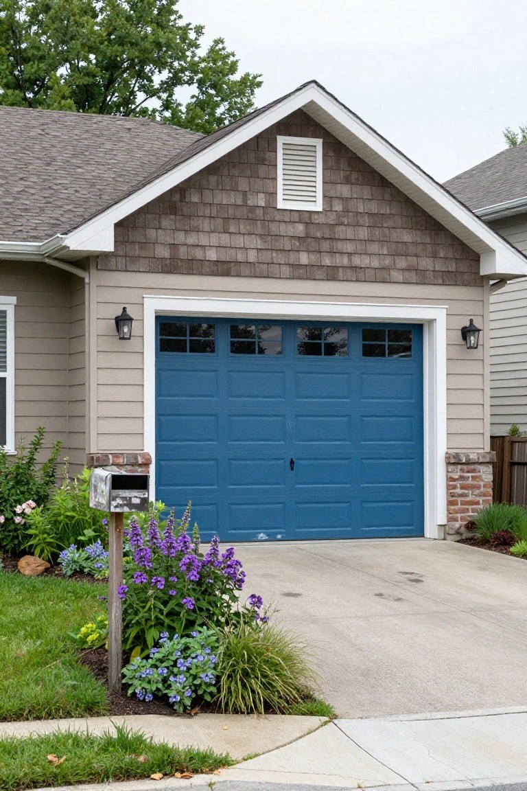 Detached garage with deep navy blue door on a light beige house with cedar shake siding, white window trim, and front landscaping