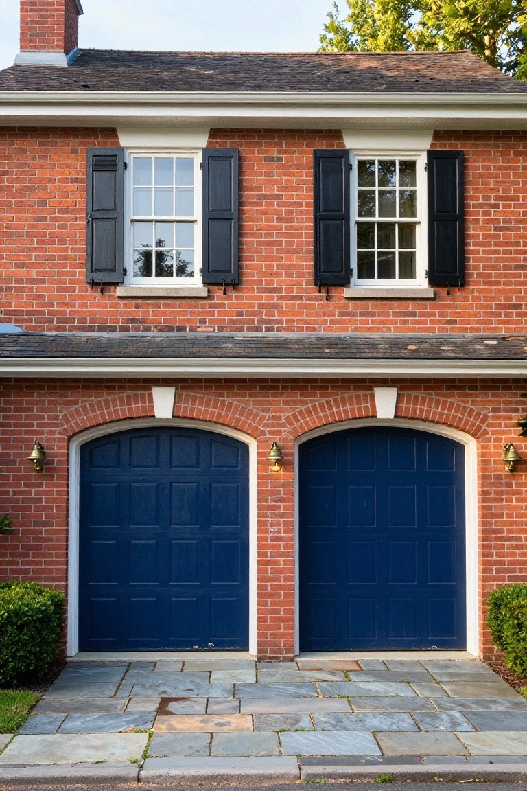 Brick home with deep navy blue double garage doors and arched tops