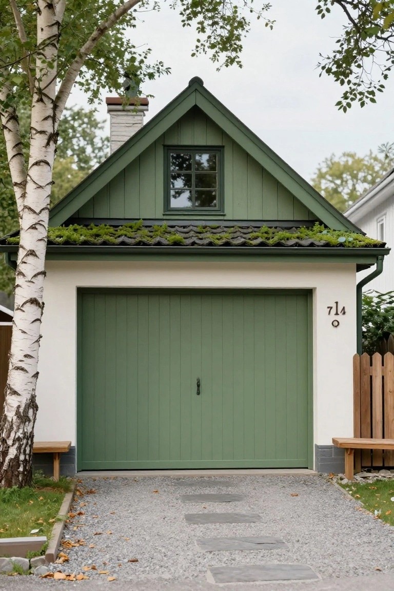 Detached garage featuring a muted sage green door against white walls, with birch trees and a gravel path nearby