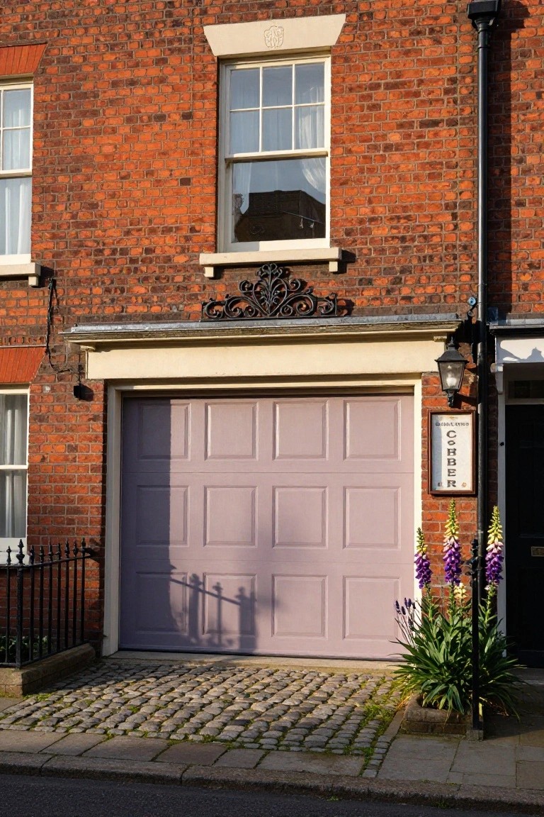 Soft lavender purple garage door on a red brick townhouse with purple foxgloves in front