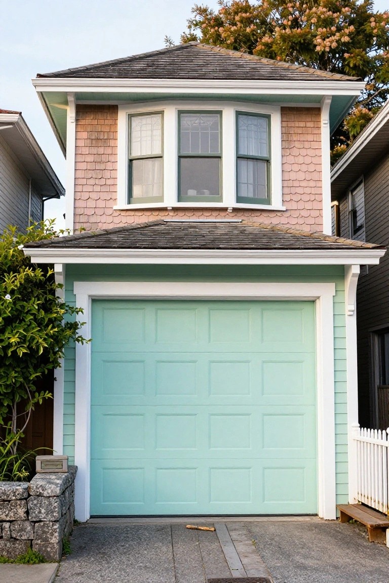 Two-story house exterior featuring a mint green garage door with white trim and soft pink siding under autumn trees