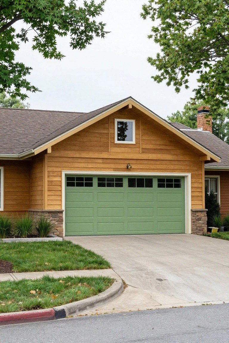 Wooden house exterior with soft sage green garage door, warm siding, stone accents, trees overhead, and concrete driveway