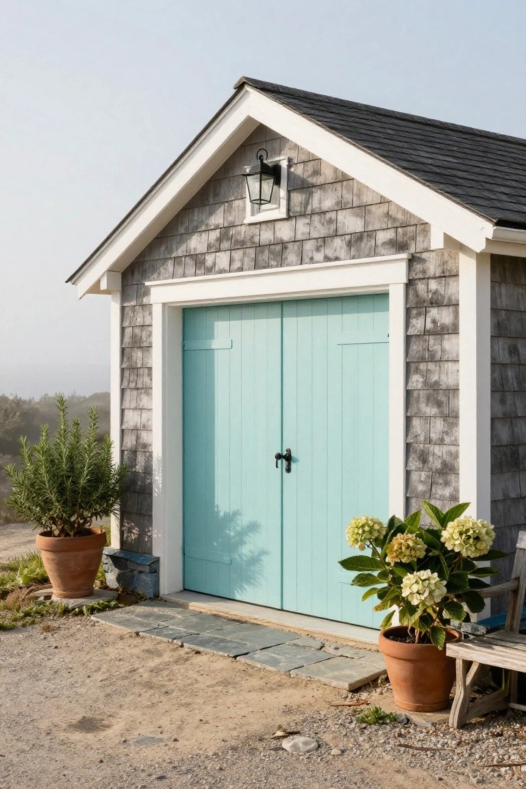 Shingled garage featuring soft turquoise double doors, white trim, and potted greenery on a gravel path
