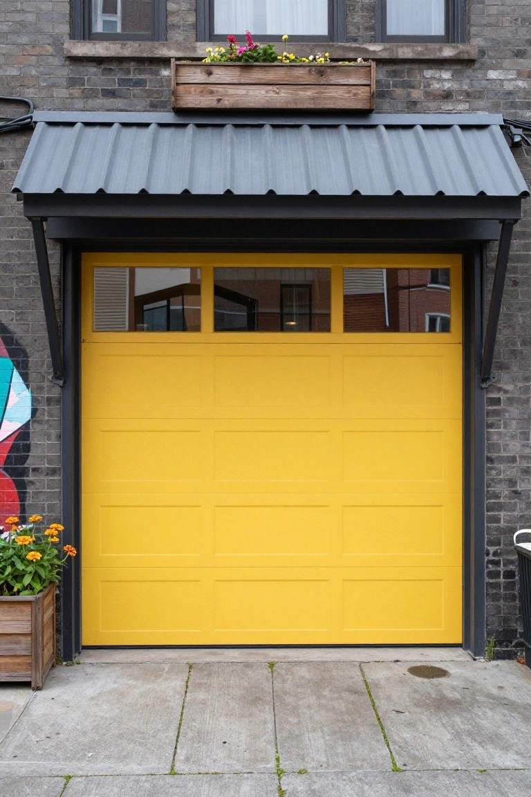 Bright sunny yellow garage door on brick house with black awning and potted plants