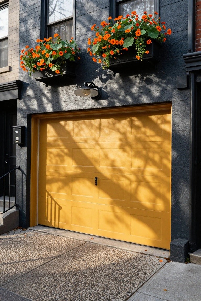 Sunny yellow garage door contrasting dark charcoal townhouse exterior with flower boxes