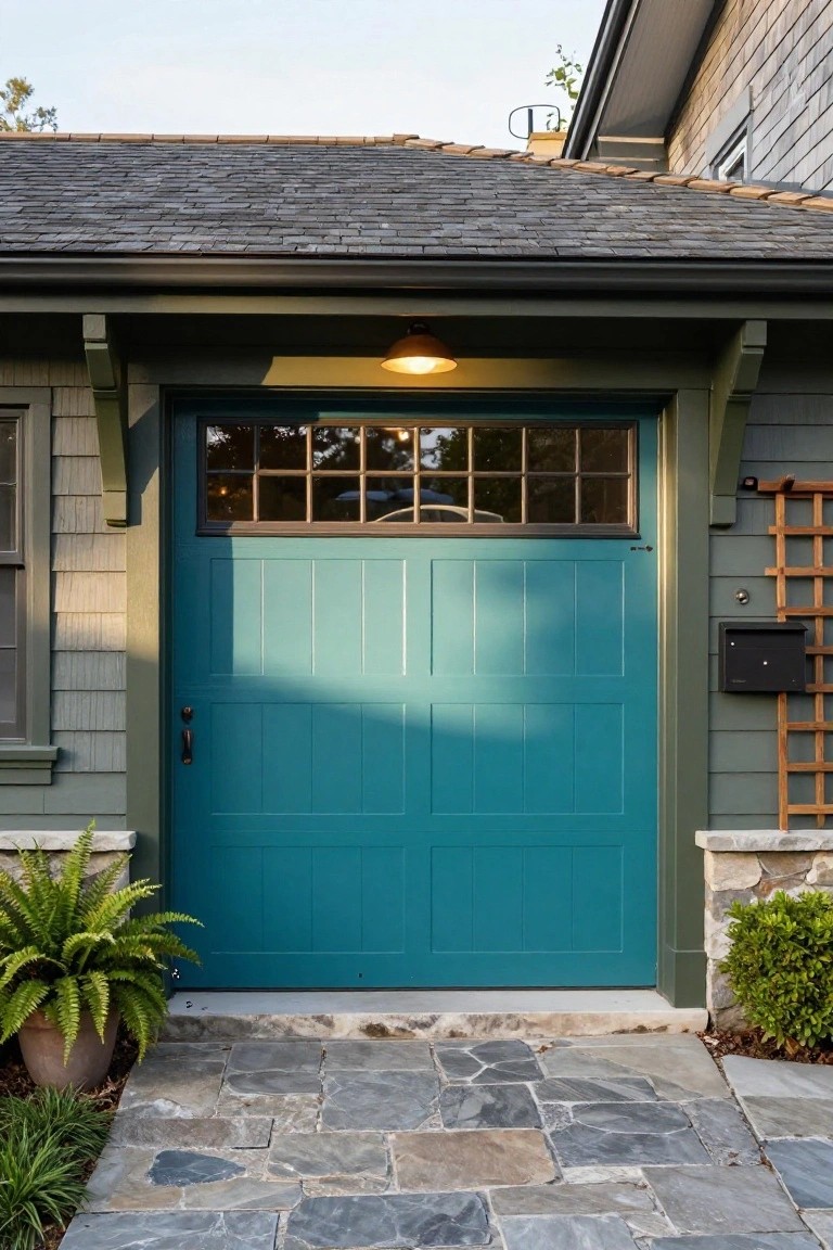 Turquoise garage door on shingle-style house with wood siding, stone base, and potted plants