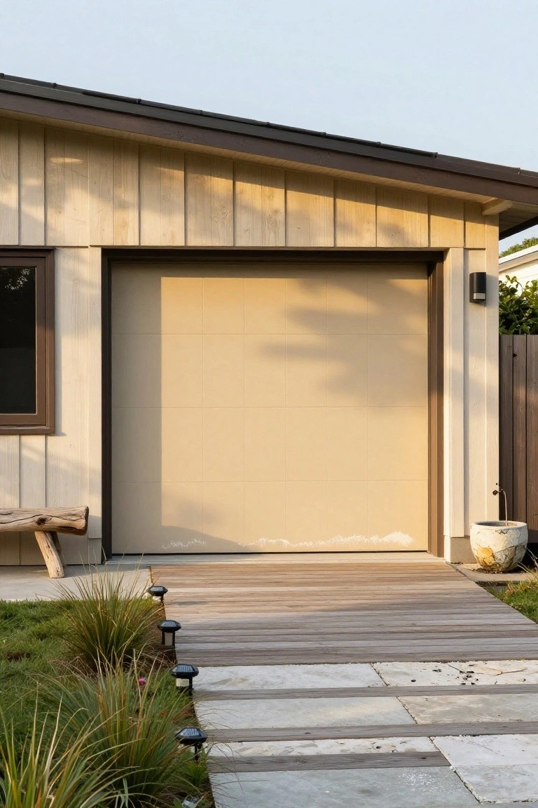 Exterior garage with light warm beige door, wood siding, and stone walkway lined by plants