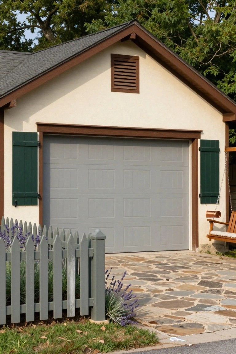 Warm beige house walls framing a gray garage door with green shutters and wood trim