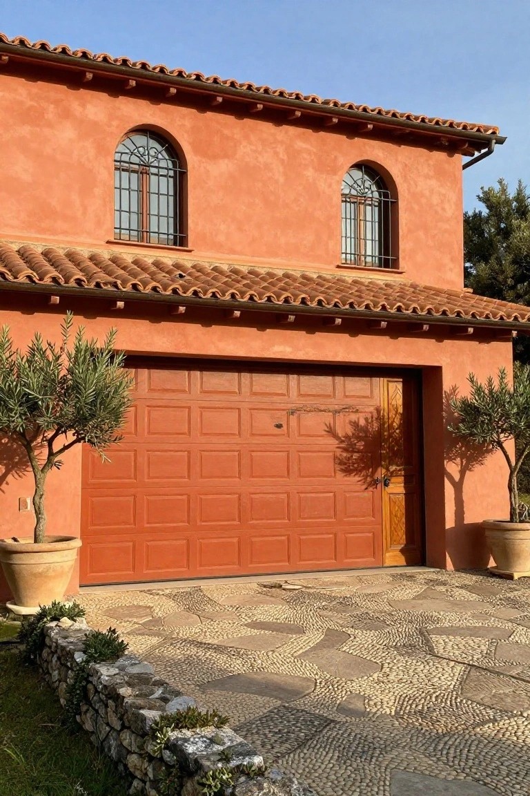 Warm terracotta house exterior with matching paneled garage door, flanked by potted olive trees on a stone-paved driveway
