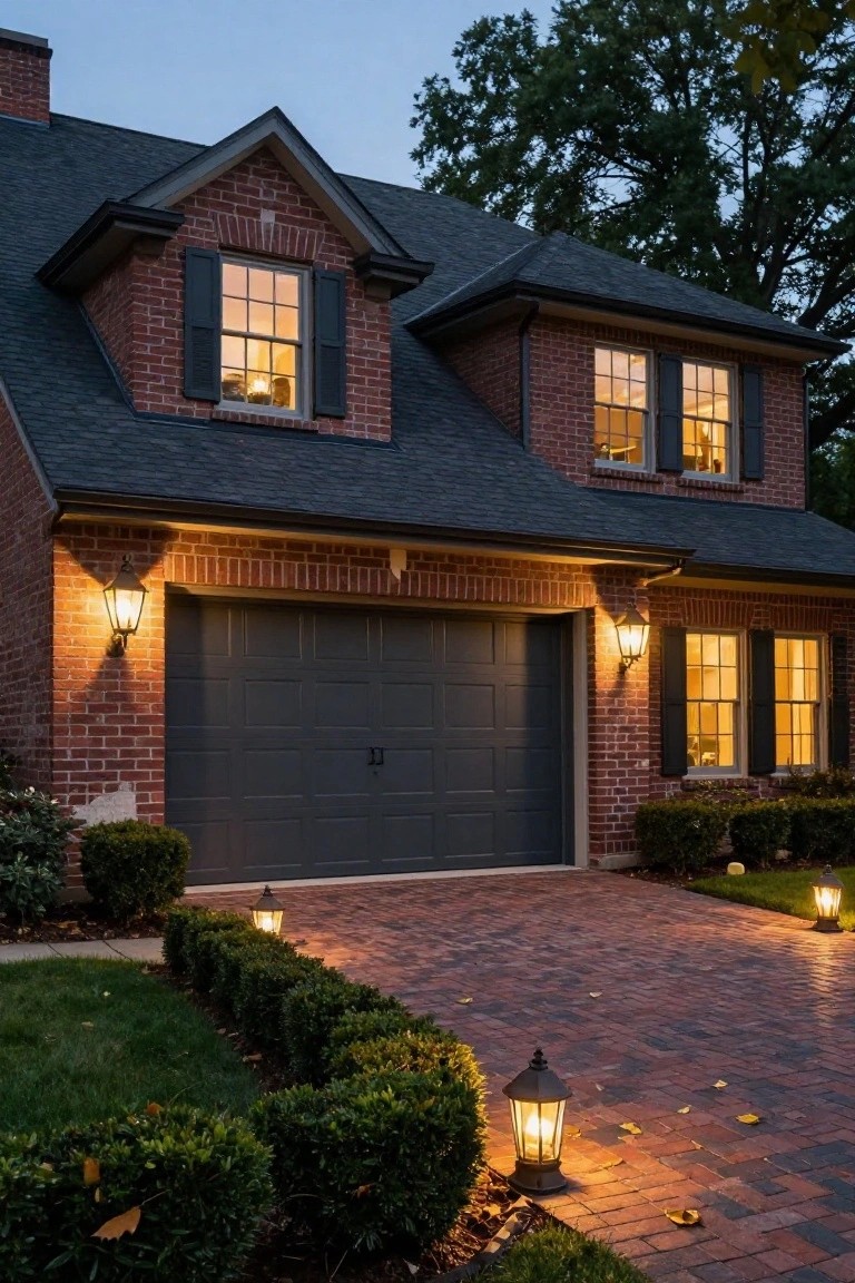 Two-story brick house at dusk with dark rectangular garage door, paver driveway edged by bushes and lanterns, wall lights, and glowing windows.