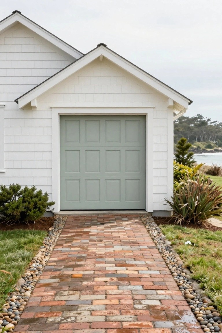 White shingled garage structure with a closed green paneled steel garage door, brick pathway leading to it, low shrubs and rocks on sides, coastal trees and water in background.