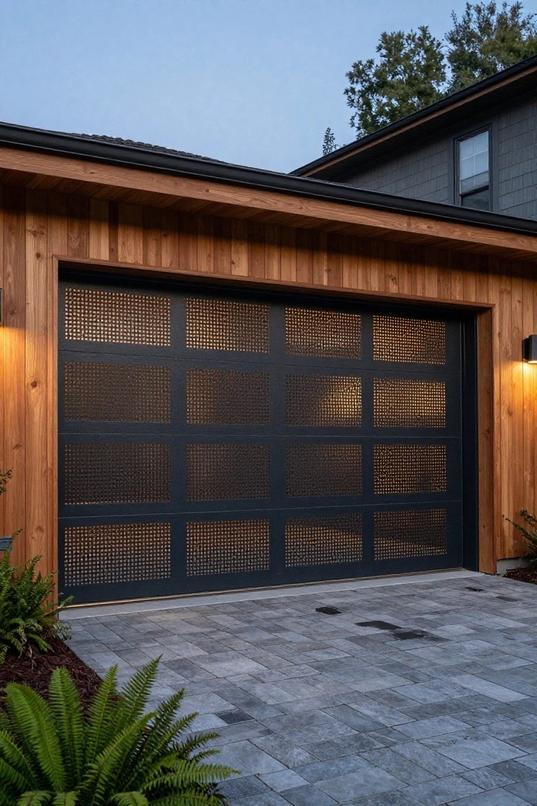 Wooden garage structure with a tall black steel door divided into a 3 by 4 grid of mesh panels, flanked by path lights and ferns on a paved driveway at dusk.