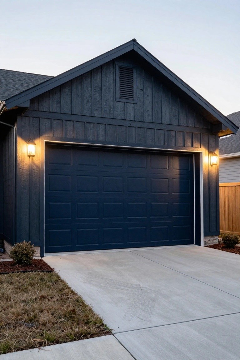 Garage with dark board-and-batten siding, navy blue steel door, side wall lanterns, concrete driveway, and low shrubs at dusk.