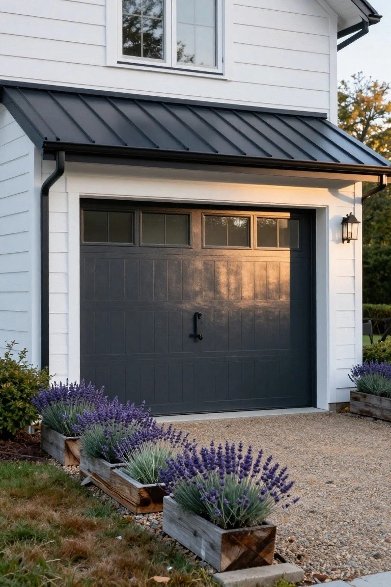 White clapboard house with dark gray steel garage door under black metal awning, lavender in wooden planters along gravel driveway.