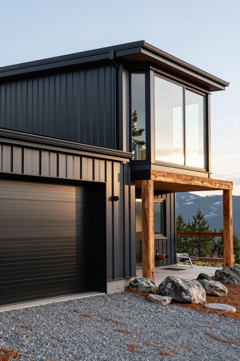 Black metal-sided house exterior featuring a matching black corrugated steel garage door, large glass window above, wooden balcony, gravel driveway with rocks, and pine trees on a hillside.