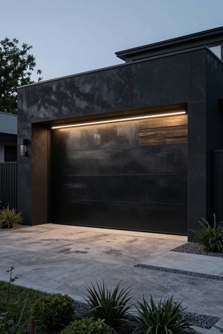 Modern home exterior with large matte black steel garage door featuring a vertical wood panel insert, thin horizontal LED strip light above the door, dark facade, and simple landscaping at dusk.