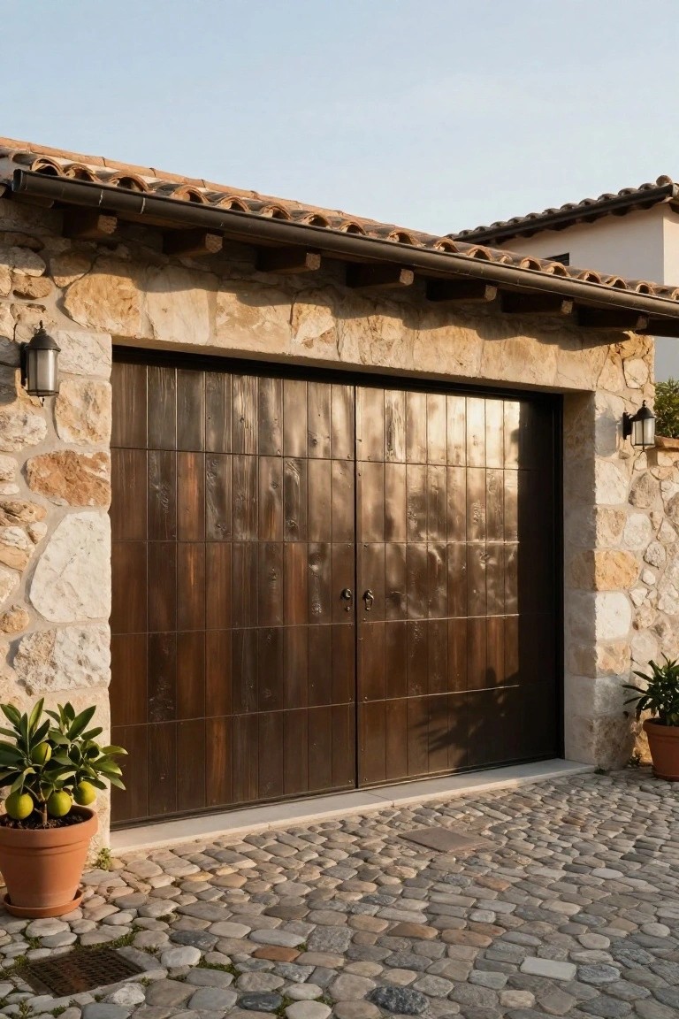 Double dark wood plank garage door centered in beige stone walls under a terracotta tile roof overhang, with wall-mounted lanterns on each side, potted plants nearby, and pebble driveway in front.