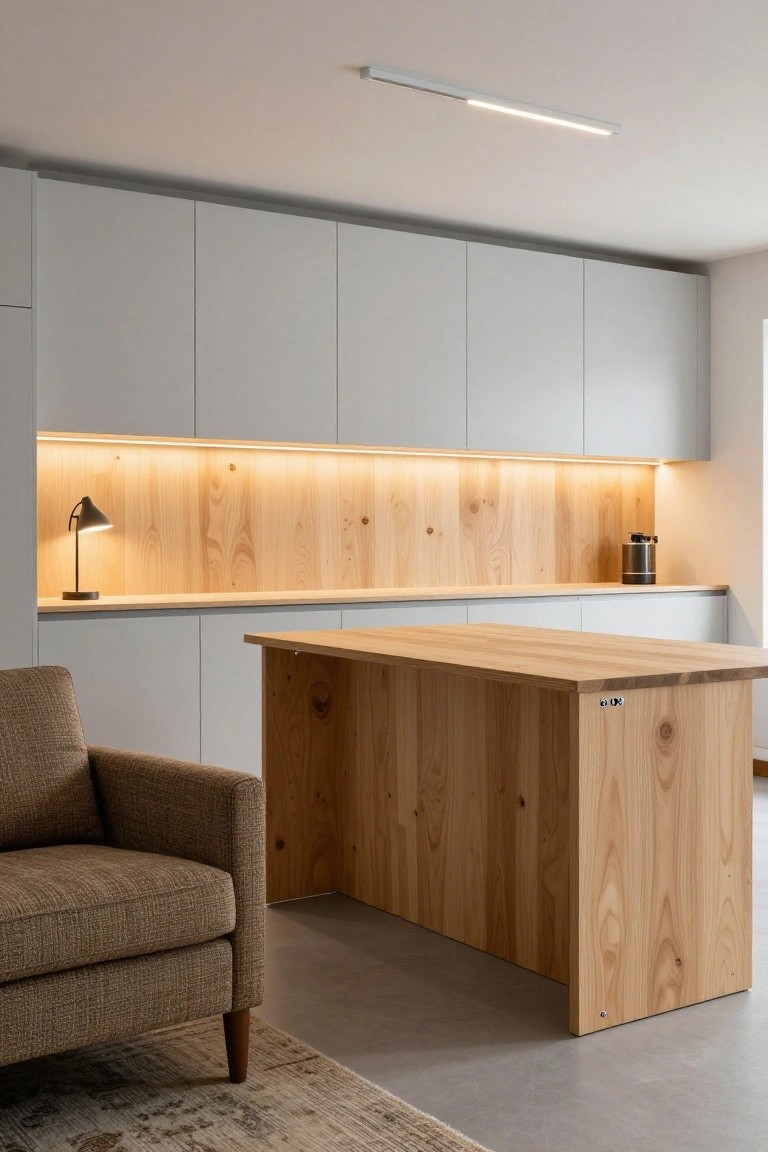 Contemporary workspace with backlit wooden wall panels, wooden desk, gray cabinets, and warm task lighting