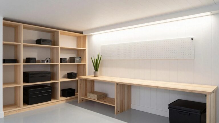 22 Efficient Interior Garage Lighting Ideas For Daily Use Recessed wooden garage storage niche with LED strip lighting along the top, pegboard, bench, bins, and plants on a white wall