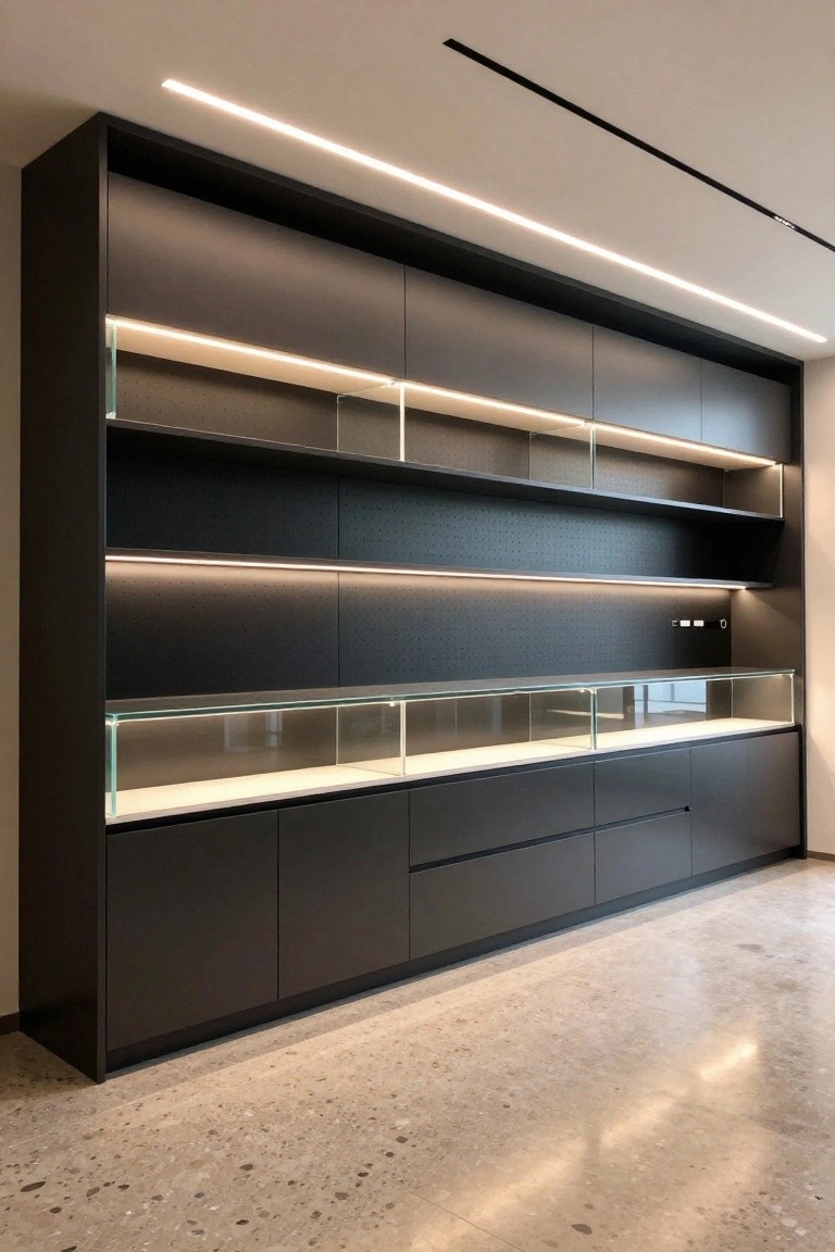 Tall dark garage cabinets with integrated LED backlighting behind glass shelves and display cases