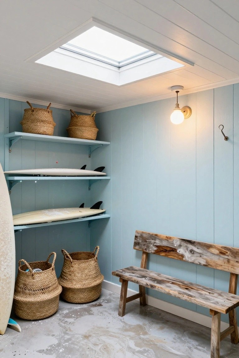 Rustic beach room with surfboards, woven baskets, wooden bench, and skylight.